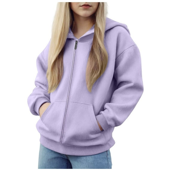 BOBOGOJP Teen Boys Zip up Hoodies Plain Thick Cargo Hoodie Sweatshirts Youth Kids Fleece Warm Jacket Outwear with Pockets Light Purple for Size 8-9 Years