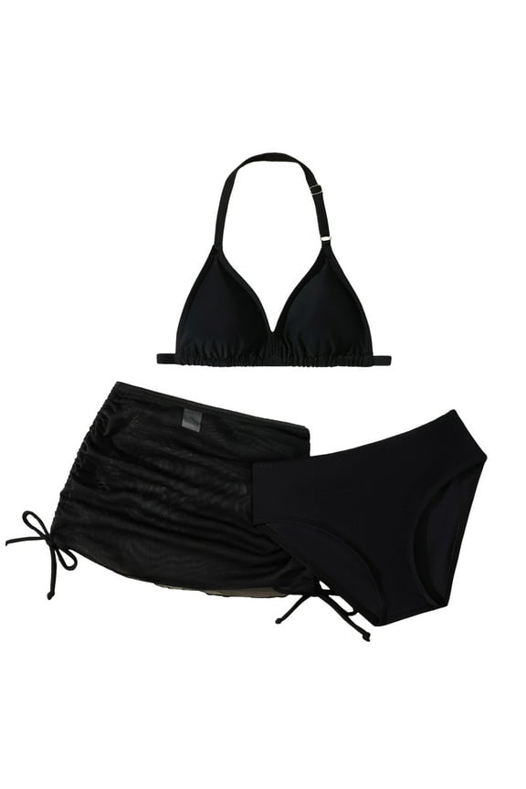 Teen Girls Bathing Suits Asymmetrical Neck Cut Out Wireless Swimsuit with Graphic Cover Up Skirts Black for Size 10-11 Years