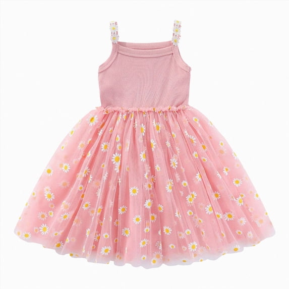 BOBOGOJP Toddler Baby Girls Summer Dress Daisy Print Sleeveless Rib Mesh Layered Butterfly Cami Dress Birthday Tulle Tutu Dress Pink,Size 3-4 Years