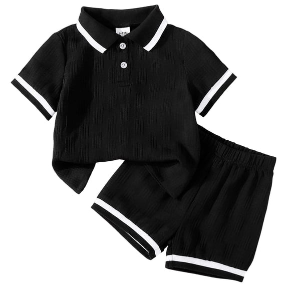 BOBOGOJP Toddler Boy Clothes Set Little Kids Summer Outfits Short Sleeve Button Down Shirt Top Shorts Set Black for Size 9-12 Months