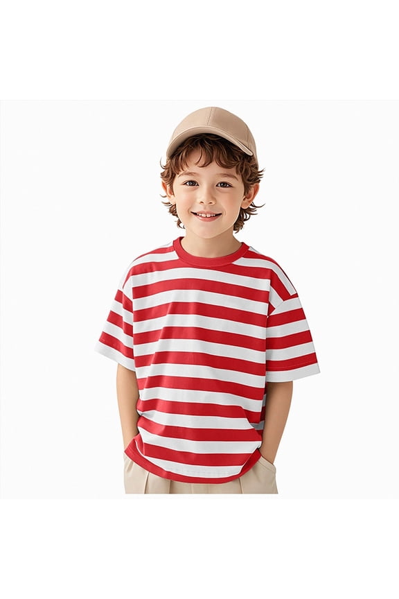 Toddler Boys Girls T Shirts Kids Striped Shirt Cotton Crew Neck Short Sleeve Tee Tops Blouse Red for Size 11-12 Years
