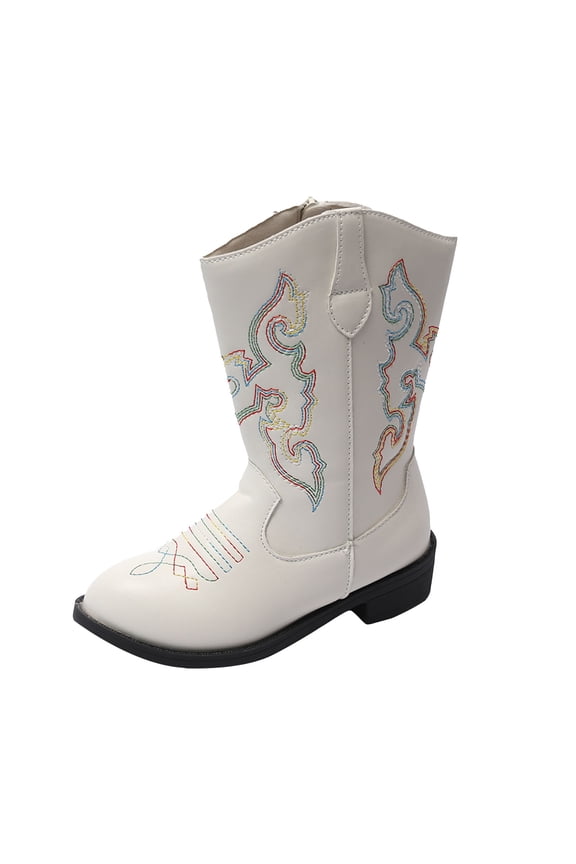 Toddler Cowboy Cowgirl Boots Boys Girls Western Round Toe Riding Mid Calf Booties for All Seasons（Toddler/Little Kid) White for Size 12