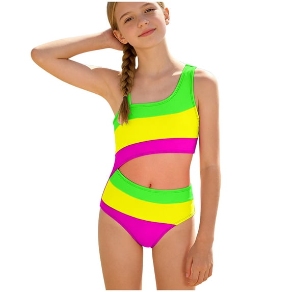 BOBOGOJP Toddler Girl One Piece Swimsuit Color Block with Ruffled Sleeve Straps Swimwear Bathing Suit for Baby Girl 12M-6Years Green for Size 11-12 Years