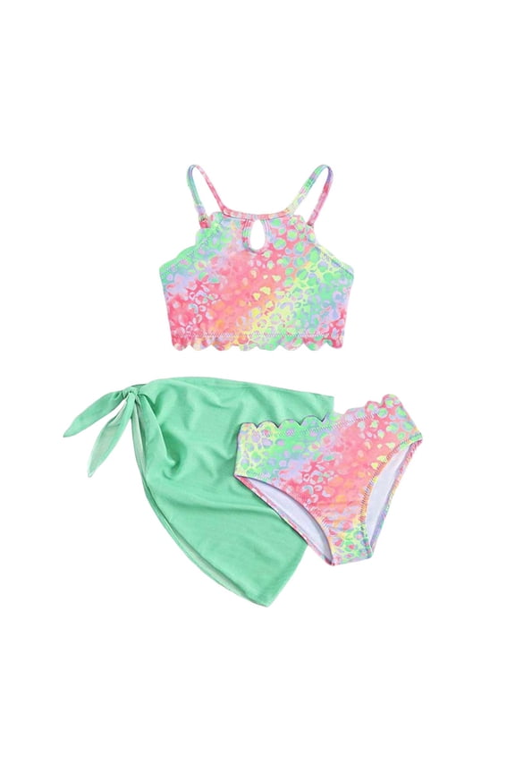 Toddler Girl's 3 Pieces Bikini Set Colorful Hawaiian Beach Swimsuit Bathing Suit with Cover Up Skirt Green for Size 4-5 Years