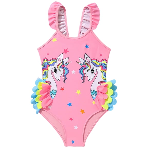BOBOGOJP Toddler Girls Bathing Suit One Piece Ruffle Strap Cute Swimsuits Little Kids Beach Pool Quick Dry Swimwear 2t-10 Pink for Size 3-4 Years