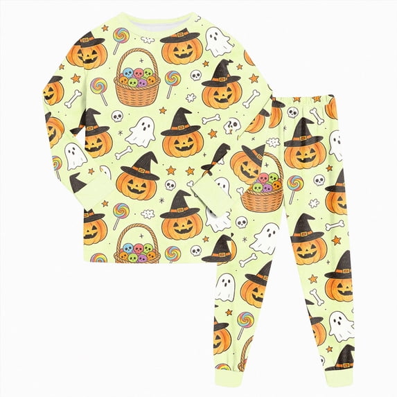 BOBOGOJP Toddler Girls Boys Halloween Pajamas Set Kids Pumpkin Print Sleepwear Pjs Long Sleeve 2pcs Soft Jammies(Mint Green,5-6 Years)