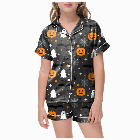 BOBOGOJP Toddler Halloween Pajamas Girls Pumpkin Ghost Pjs Button Down Shirt Top and Shorts Kid Girl Halloween Sleepwear Loungewear Set (Grey,12-13 Years)