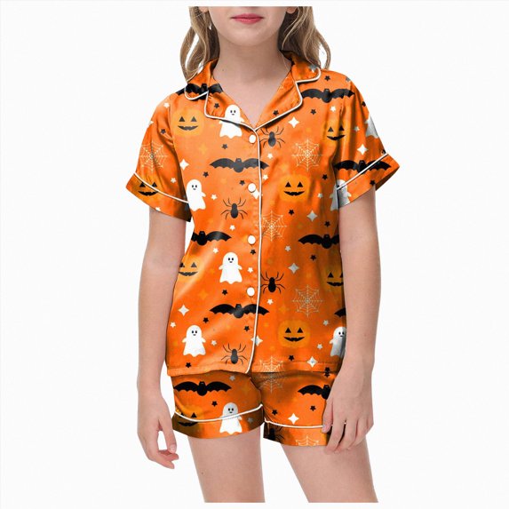 BOBOGOJP Toddler Halloween Pajamas Girls Pumpkin Ghost Pjs Button Down Shirt Top and Shorts Kid Girl Halloween Sleepwear Loungewear Set (Orange,10-11 Years)