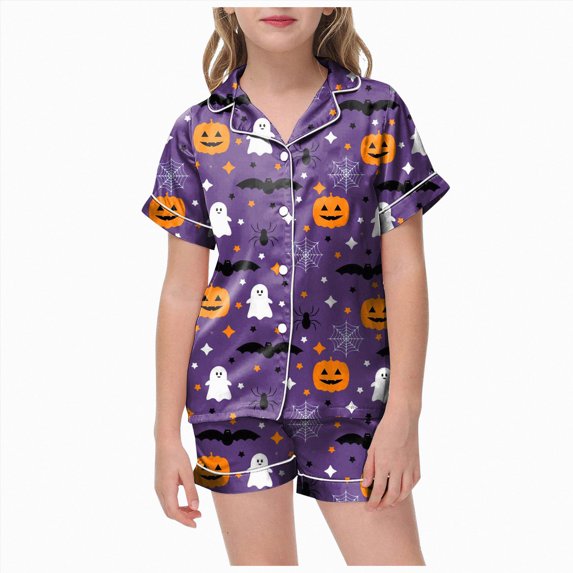 BOBOGOJP Toddler Halloween Pajamas Girls Pumpkin Ghost Pjs Button Down Shirt Top and Shorts Kid Girl Halloween Sleepwear Loungewear Set (Purple,8-9 Years)