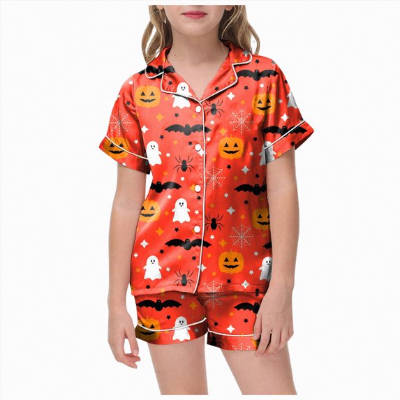 BOBOGOJP Toddler Halloween Pajamas Girls Pumpkin Ghost Pjs Button Down Shirt Top and Shorts Kid Girl Halloween Sleepwear Loungewear Set (Red,8-9 Years)