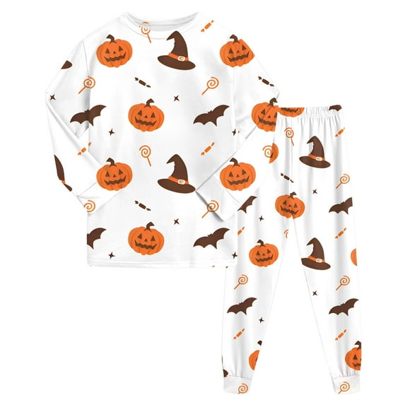 BOBOGOJP Toddler Kids Boys Girls Halloween Pajamas - Long Sleeve Shirts Pants 2 Piece Pajama Sets, Pumpkin Skeleton Prints Sleepwear Clothes White for Size 6-7 Years