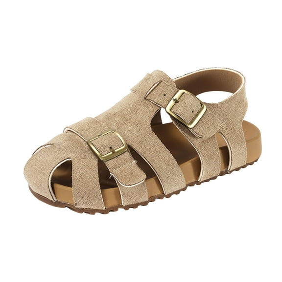 BOBOGOJP Toddler Kids Sandals Boys Girls Cork Footbed Sandals with Adjustable Buckle Casual Slides Close Toes Flat Khaki for Size 2