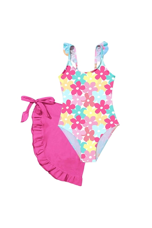 Tween Girl Leopard/Floral Print One Piece Swimsuit with Ruffle Trim & Cover Up Skirt 2 Piece Swimwear Set Hot Pink for Size 8Y