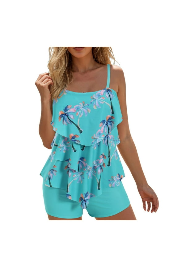 Two Piece Tankini Swimsuits for Women with Shorts Tummy Control Bathing Suits Athletic Swimwear L for Size Light Blue