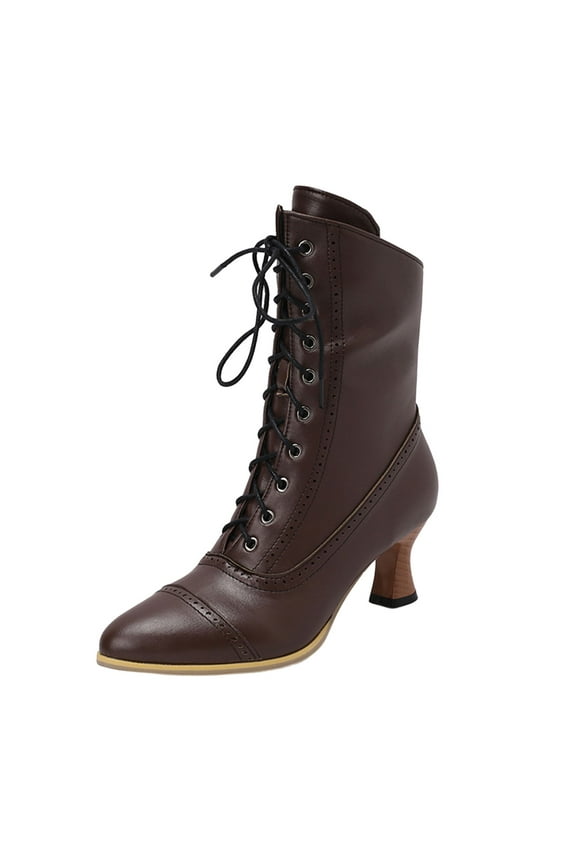Vintage Boots for Women Kitten Heel Ankle Boots Lace Up Low Heel Witch Shoes Oxford Wingtip Boots (Coffee,6)