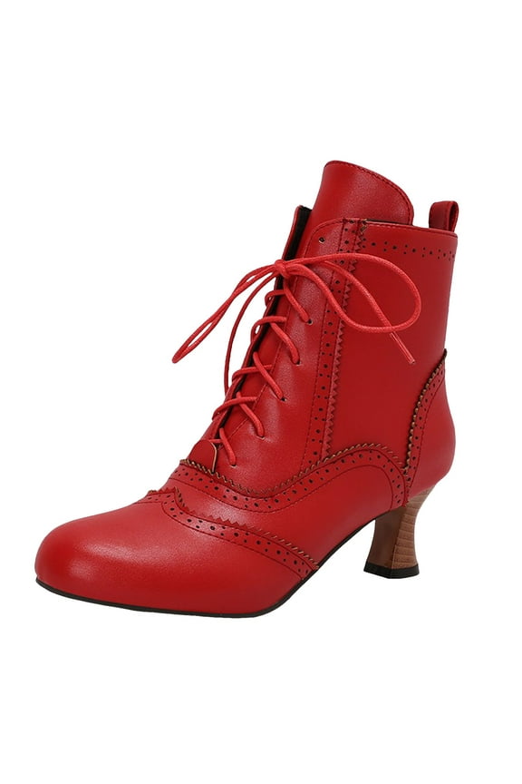 Vintage Victorian Boots for Women Kitten Heel Ankle Boots Lace Up Low Heel Witch Shoes Oxford Wingtip Boots (Red,6)