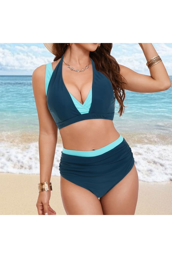 Women Plus Size High Waisted Bikini - Ribbed Two Piece Swimsuit Tummy Control Bathing Suit V-Wired 2026 Swimwear Green for Size L