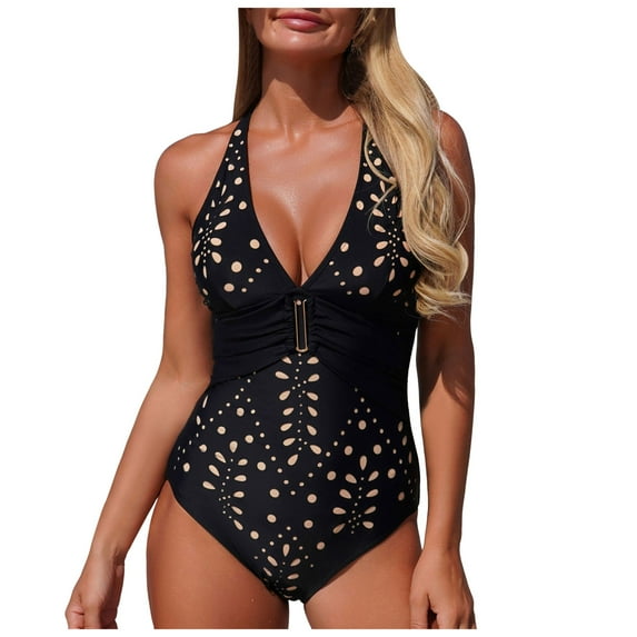 BOBOGOJP Women Sexy One Piece Swimsuit V Neck Tummy Control Bathing Suits Hollow Monikini Swimwear Black for Size M