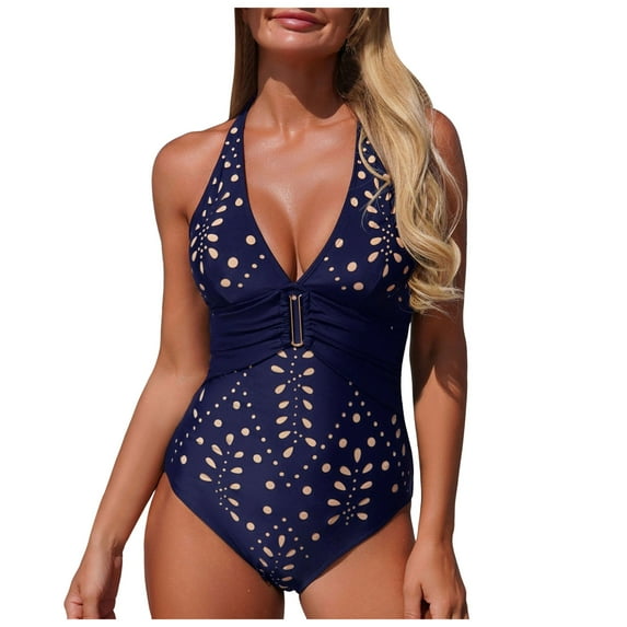 BOBOGOJP Women Sexy One Piece Swimsuit V Neck Tummy Control Bathing Suits Hollow Monikini Swimwear Navy for Size L