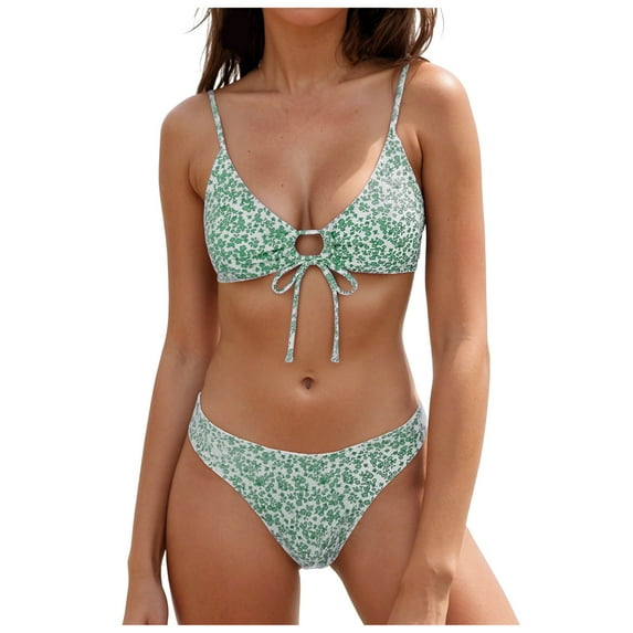 BOBOGOJP Women's 2 Piece Bikini Sets Boho Floral Print Underwire Swimsuit Tie Front Cut Out Bathing Suit Green for Size L
