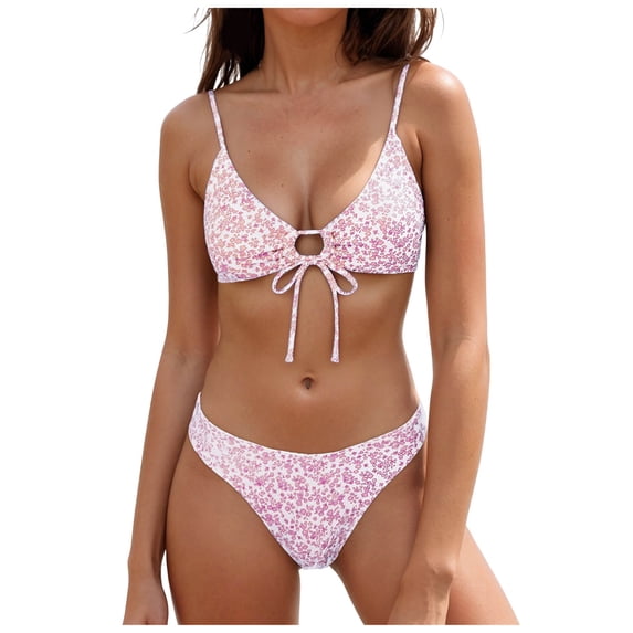 BOBOGOJP Women's 2 Piece Bikini Sets Boho Floral Print Underwire Swimsuit Tie Front Cut Out Bathing Suit Pink for Size XL