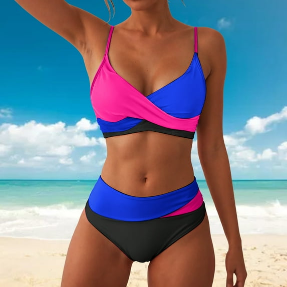 BOBOGOJP Women's Bikini Sets Two Piece Swimsuit High Waisted V Neck Twist Front Adjustable Spaghetti Straps Bathing Suit Blue for Size L