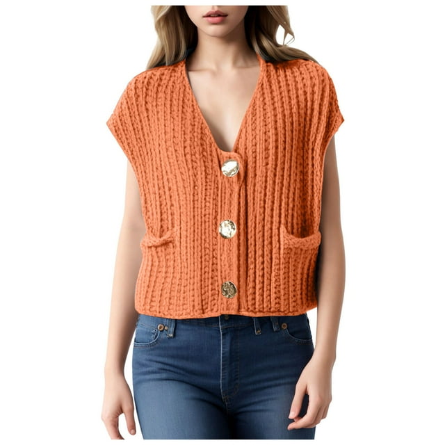 BOBOGOJP Women's Chunky Knit Vest Button Down Casual Sleeveless Cropped Crochet Sweater Cardigan with Pockets (Orange,S)