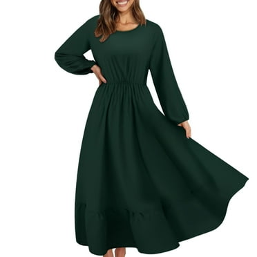 BOBOGOJP Women's Fall Maxi Dress Long Sleeve V Neck Tiered Ruffle Flowy A Line Cocktail Party Dresses (Green,M)