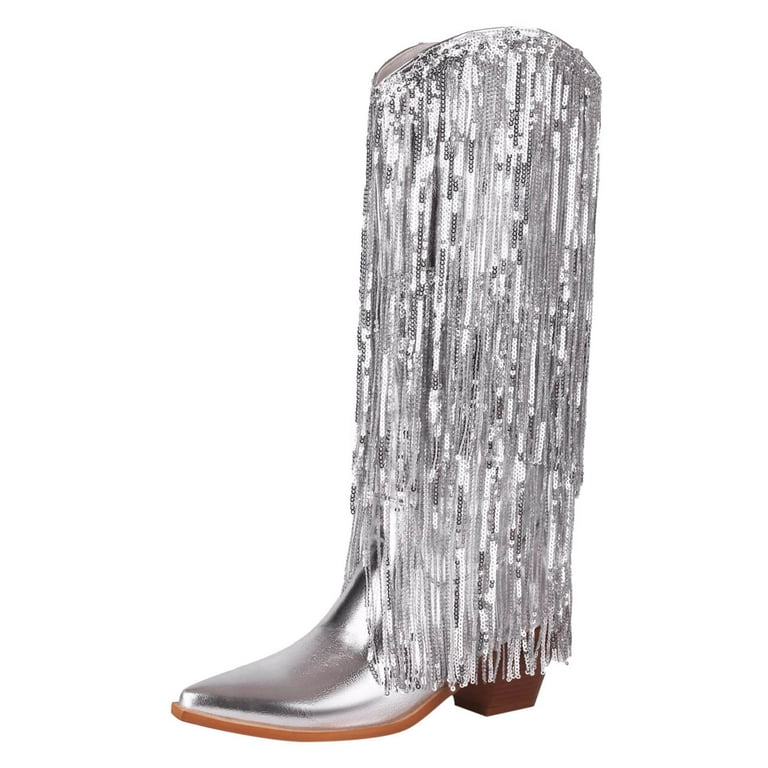 BOBOGOJP Women's Fringe Boots - Metallic Cowboy Boots for
