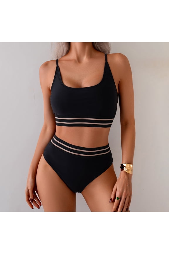 Women's High Waisted Bikini Sets Sporty Two Piece Swimsuits Color Block Cheeky High Cut Bathing Suits Black for Size S