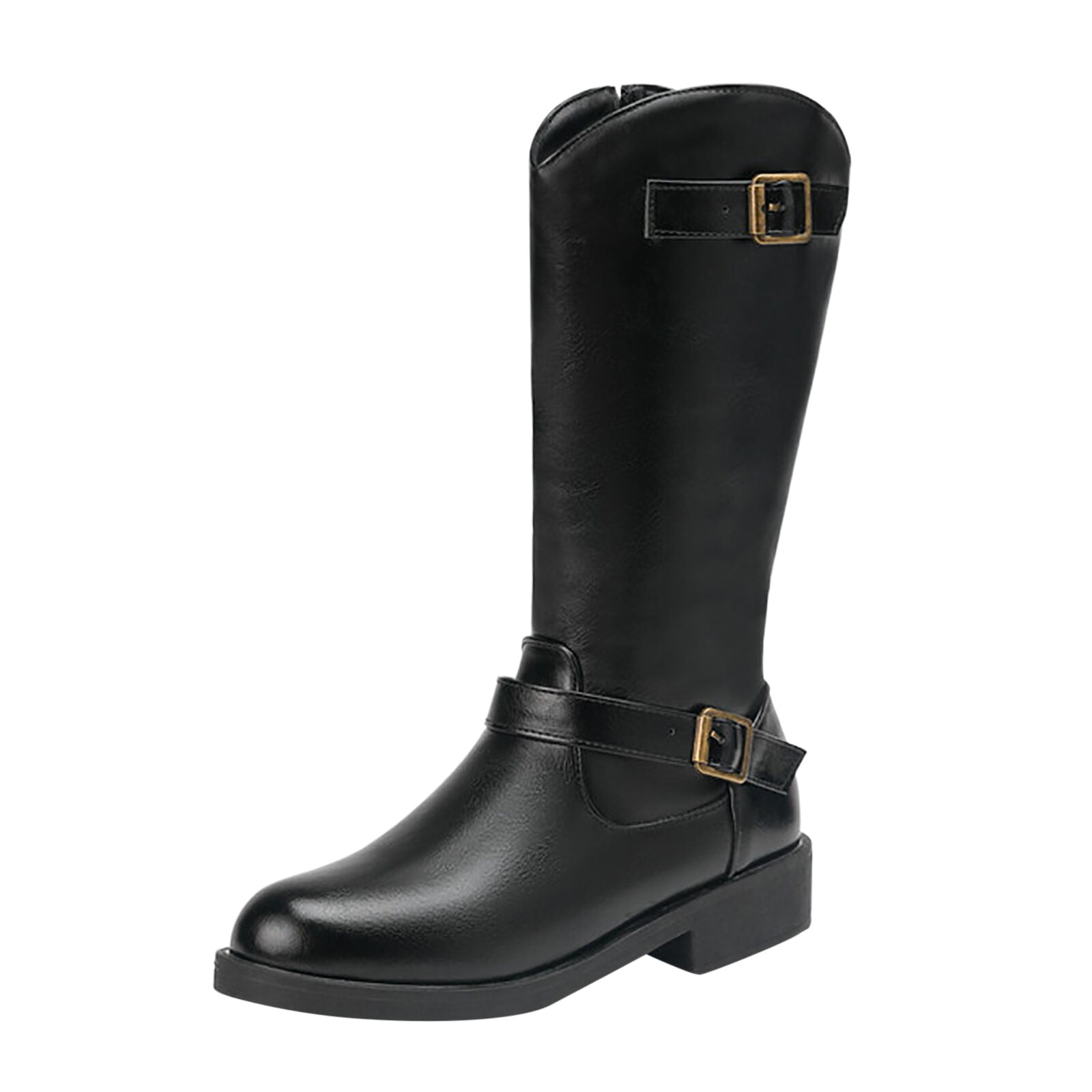 Women's Knee High Riding Boots - Leather Look Biker Boots With Studs, Chunky Heel, Wide Calf, Slip On