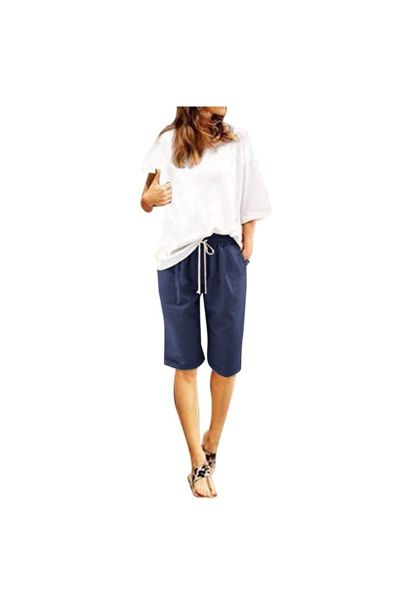 Women's Knee Length Bermuda Shorts Elastic Waist Drawstring Casual 10" Long Shorts Loose Fit Summer Beach Shorts (Dark Blue,7XL)