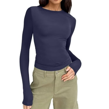 BOBOGOJP Women's Long Sleeve Crew Neck Shirts Fall Basic Casual Ruched Side Slim Fit T Shirts Tee Tops (Navy,XS)