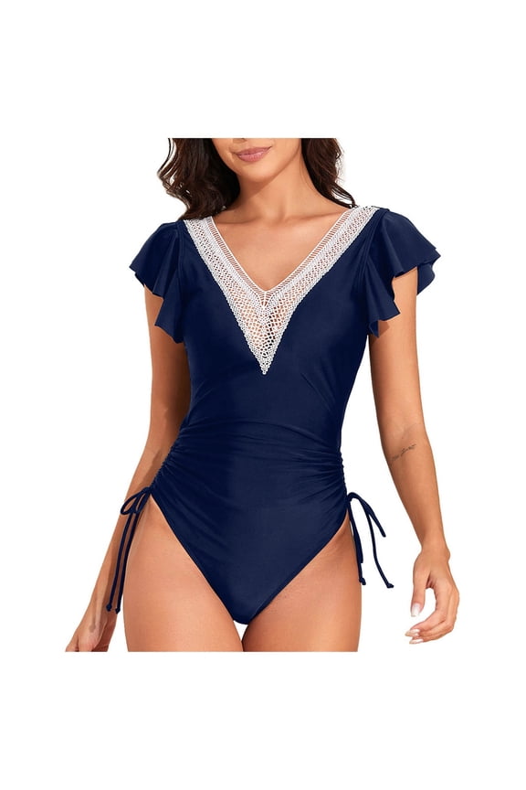 Women's One Piece Ruffle Swimsuit Tummy Control Bathing Suit V Neck Shell Stitched Swim Suit Swimwear Blue for Size S