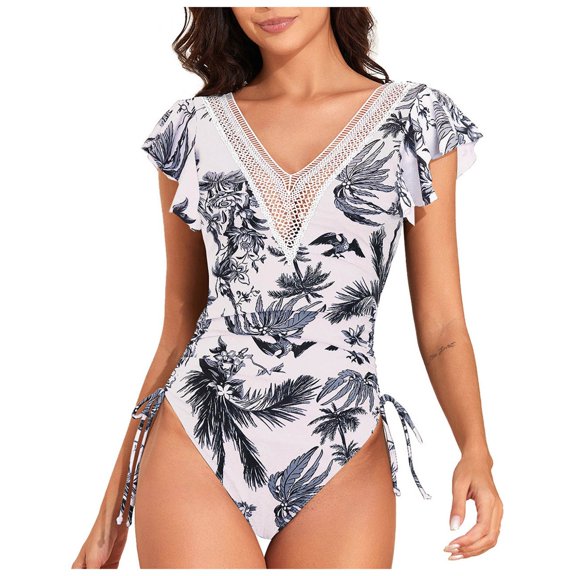 BOBOGOJP Women's One Piece Ruffle Swimsuit Tummy Control Bathing Suit V Neck Shell Stitched Swim Suit Swimwear White for Size L