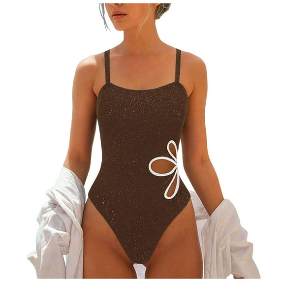 BOBOGOJP Women's One Piece Swimsuit Ribbed Open Back Bathing Suit Tummy Control Scoop Neck Adjustable Straps High Cut Swimwear Brown for Size S
