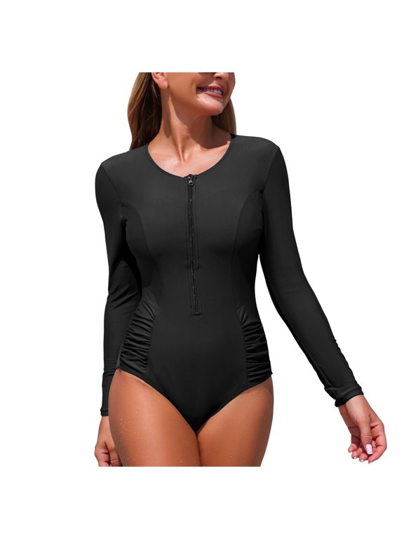 Women's One Piece Swimsuits Long Sleeve Rash Guard UV Protection Surfing Swimsuit Bathing Suit Black for Size XXL