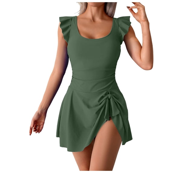 BOBOGOJP Women's Plus Size Bathing Suit One Piece Swim Dress Tummy Control Swimsuits Ruffle V Neck Swimwear Green for Size S