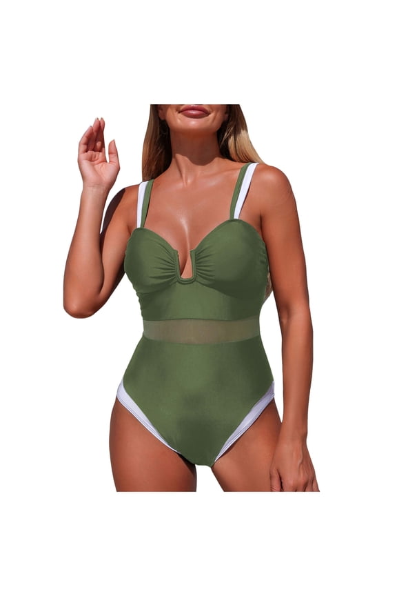 Women's Push Up Wrap Front Swimsuit One Piece Tummy Control Bathing Suits Bandeau Support Swimwear Amry Green for Size L