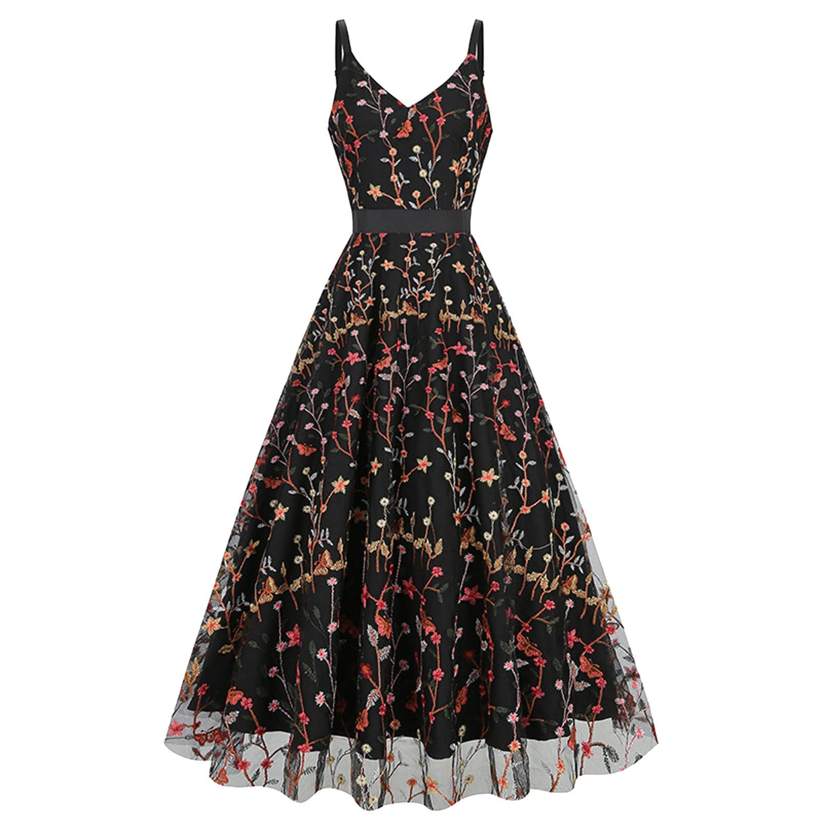 Retro A-Line Tulle Short Embroidery Semi Formal Dresses with Spaghetti Straps