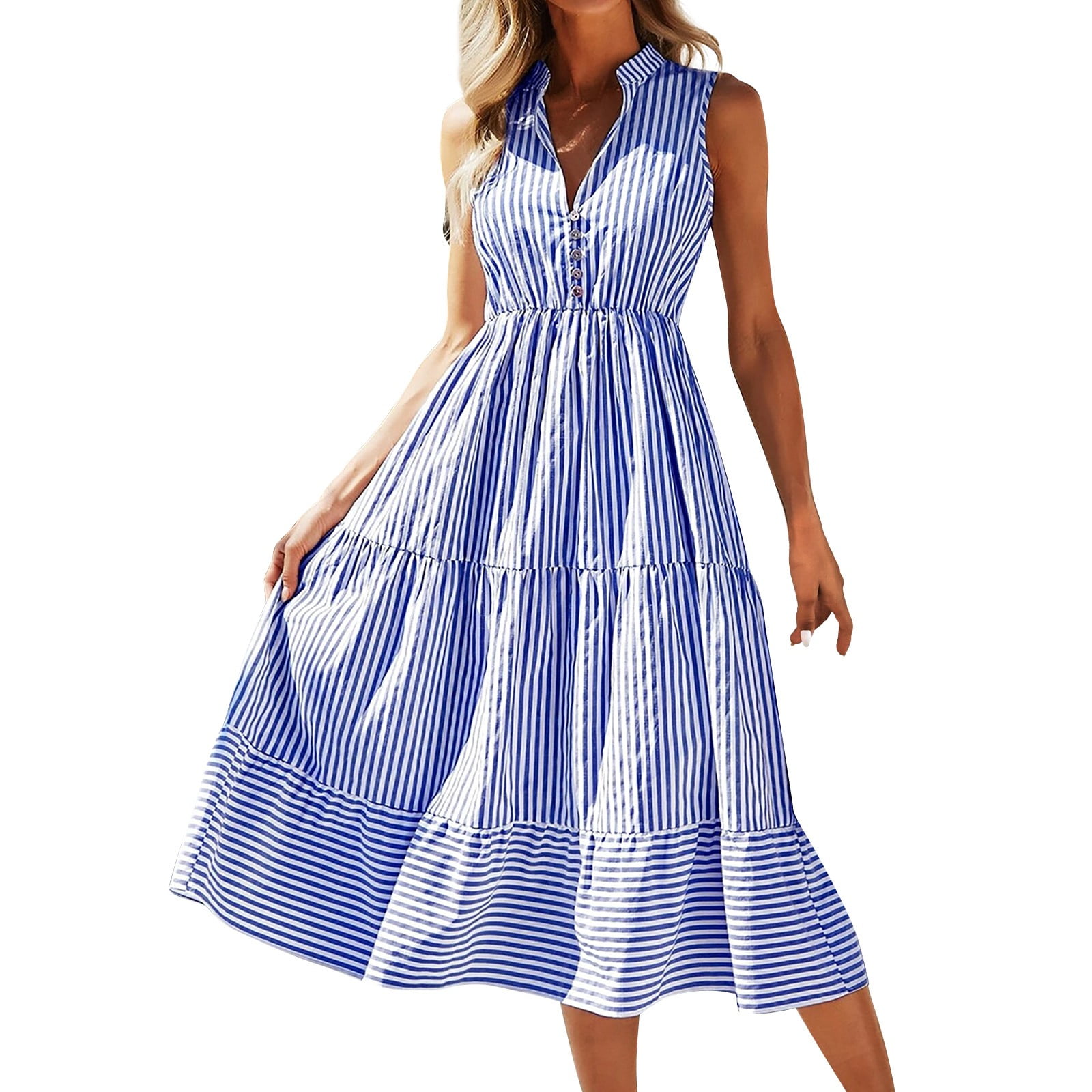 BOBOGOJP Women's Summer Button Down Shirt Dress Sleeveless Tiered