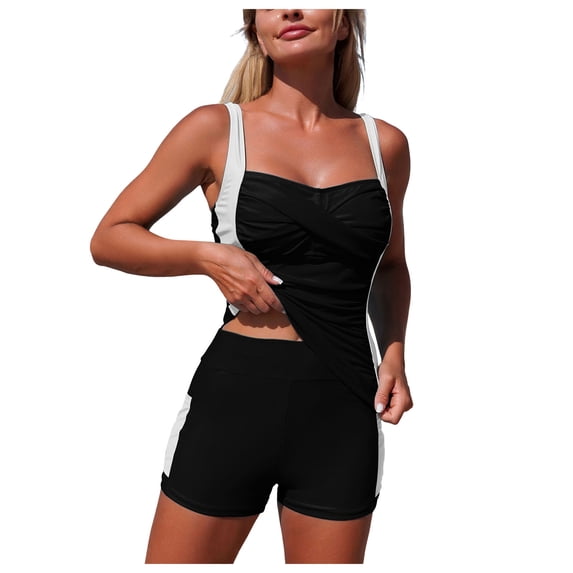 BOBOGOJP Women's Tankini Swimsuit Tummy Control Ruched Two Piece Bathing Suit Push Up Modest Swim Suits with Shorts L for Size White