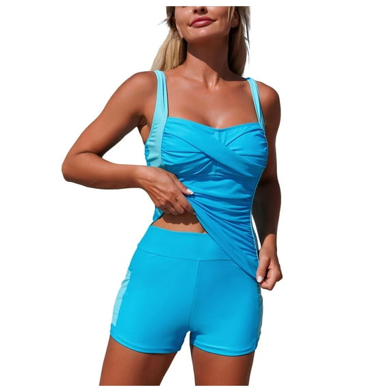 BOBOGOJP Women's Tankini Swimsuit Tummy Control Ruched Two Piece Bathing Suit Push Up Modest Swim Suits with Shorts XL for Size Blue