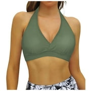 BOBOGOJP Womens Underwire Bikini Tops V Neck Halter Swim Top Push Up Criss Cross Bathing Suit Top Only Amry Green,M
