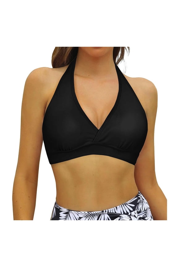 Women's Underwire Bikini Tops V Neck Halter Swim Top Push Up Criss Cross Bathing Suit Top Only (Black,M)