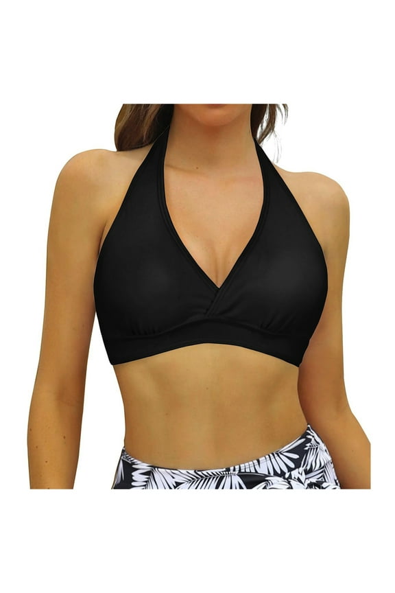 Women's Underwire Bikini Tops V Neck Halter Swim Top Push Up Criss Cross Bathing Suit Top Only (Black,XL)