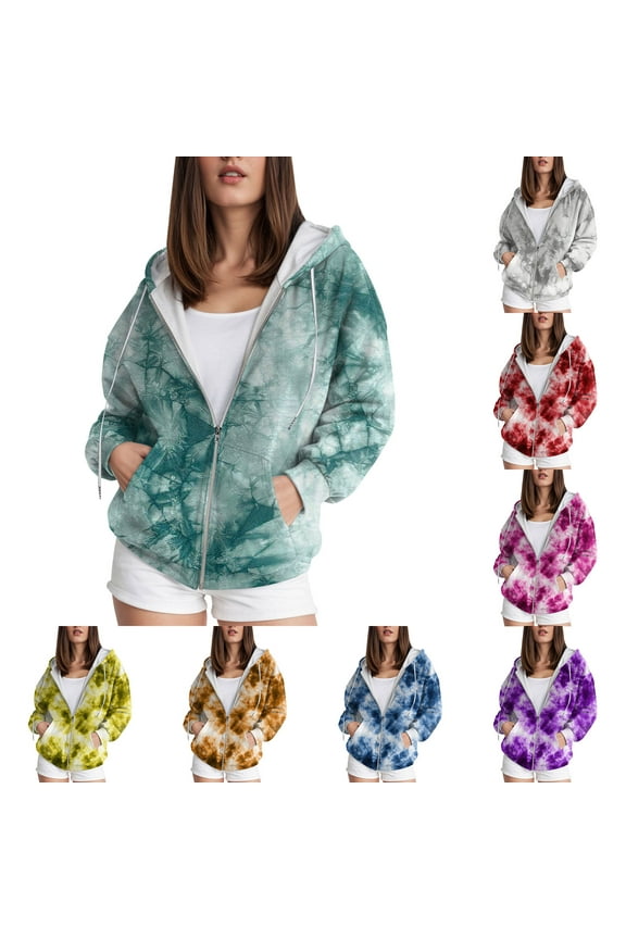 Womens Active Long Sleeve Tie-dye Gradient Zip up Hoodie with Plus Size Green for Size XL