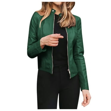 BOBOGOJP Womens Leather Zip Up Jackets PU Short Moto Coat Fall Slim Fit Biker Outwear Plus Size (Green,3XL)