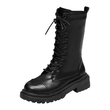 BOBOGOJP Womens High Platform Mid Calf Wedges High Heel Round-Toe Side Zip Punk Combat Boots For Women (Black,8)