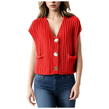 BOBOGOJP Womens Sleeveless Knit Cardigan Casual Cropped Button Down Sweater Vest Open Front Tops with Pockets (Red,L)